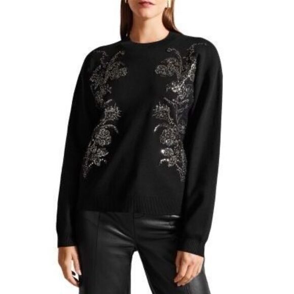 Ted Baker London Hazlie Beaded Sequin Sweater Black Silver M NWT - Picture 1 of 8